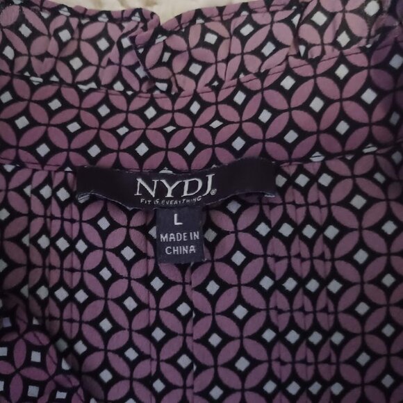 NYDJ Women’s Large Purple Geometric Tile Print Blouse Pintuck Ruffle Neck - Picture 3 of 10